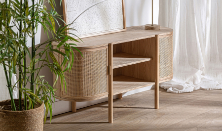 Console - Dulap TV oval din MDF maro cu lemn de frasin și ratan – dulap media cu uși din ratan și design oval