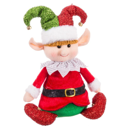 Craciun - Elf așezat din textil cu căciulă de bufon roșie și verde cu sclipici guler alb cu volănașe