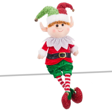 Craciun - Elf cu picioare lungi așezat din textil cu căciulă verde și roșie jachetă roșie și pantaloni verzi