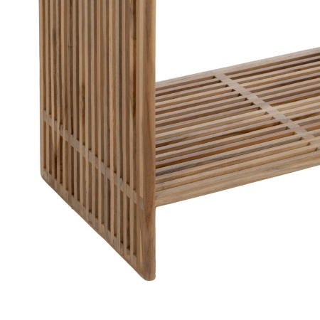 Etajeră din tec reciclat cu șipci tip baguette Bellamonte – vedere frontală, lamele verticale și blat natural. [3]