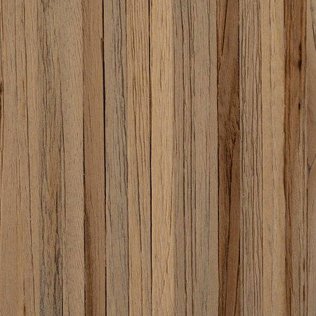 Etajeră din tec reciclat cu șipci tip baguette Bellamonte – vedere frontală, lamele verticale și blat natural. [7]