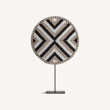 Colectia noua - Figura decorativa boho din bambus in nuante neutre cu motiv geometric si suport metalic negru Genhof 30x12x48 cm