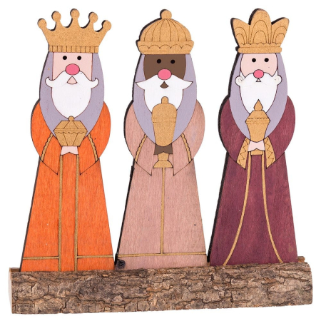 Craciun - Figurină cei trei regi magi din lemn pictat în mantii colorate cu coroane aurii pe buștean cu scoarță