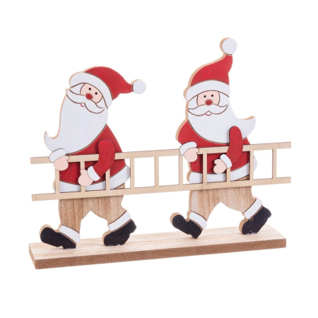 Craciun - Figurină doi Moși Crăciun în costume roșii care poartă o scară din lemn pe bază lungă
