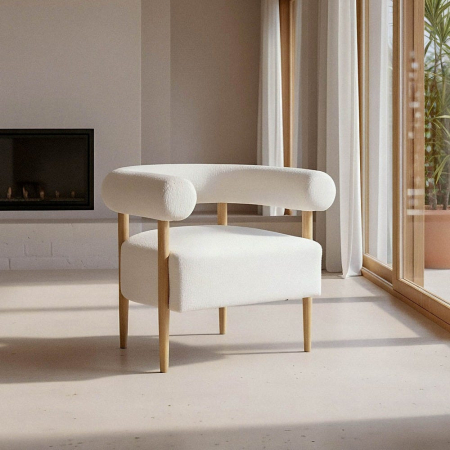 Colectia noua - Fotoliu alb din stofă și lemn în stil japandi – design relaxant