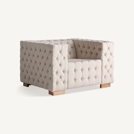 Mobilier - Fotoliu cubic bej capitonat cu nasturi pe brațe, spătar și șezut, pe picioare-bloc din lemn