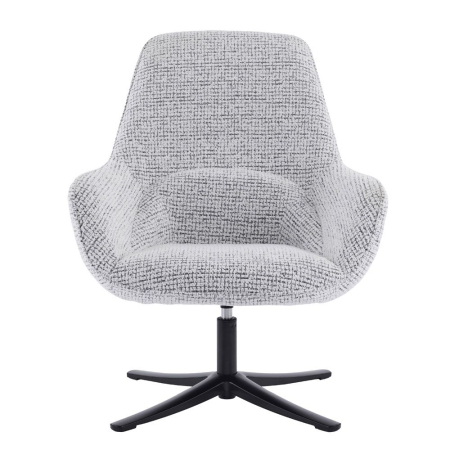 Fotoliu rotativ alb Tiffany – imagine laterală cu bază metalică și tapițerie textilă albă cu model discret [1]