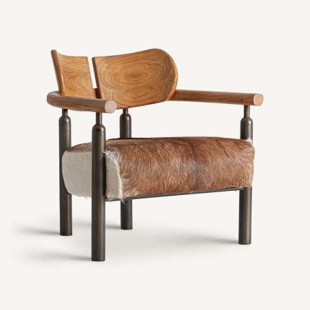 Mobilier - Fotoliu cu structură din oțel negru brațe din lemn de tec și șezut din piele naturală
