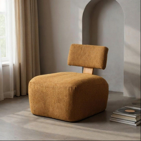 Colectia noua - Fotoliu muștar din stofă și lemn cu design minimalist în stil japandi