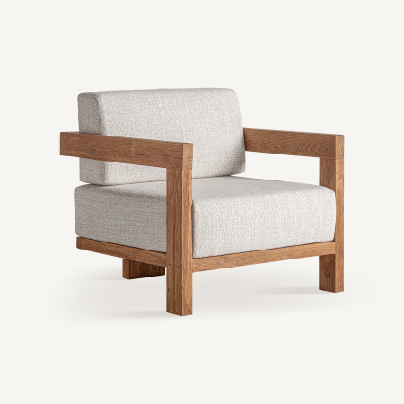 Fotolii - Fotoliu exterior HoReCa din lemn de tec reciclat cu stofă hidrofugă bej