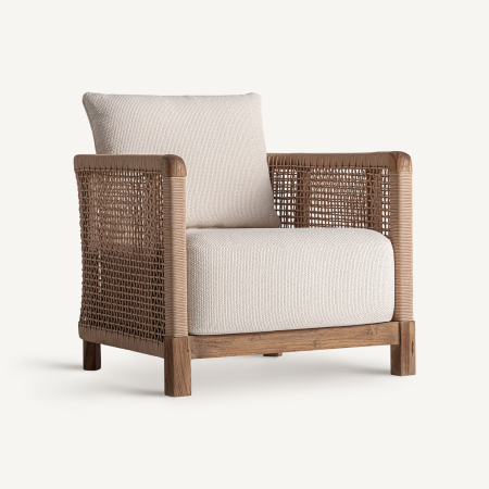 Fotolii - Fotoliu exterior HoReCa din lemn de tec reciclat cu stofă hidrofugă bej