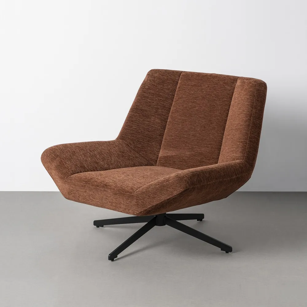 Contemporan - Fotoliu rotativ 360 din stofa maro inchis cu structura metalica