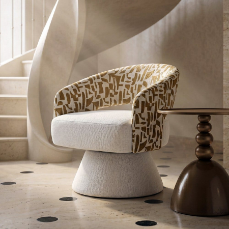 Fotoliu rotativ crem ocru cu brațe design contemporan interior