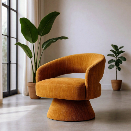 Colectia noua - Fotoliu rotativ din stofă ocru cu bază solidă și design contemporan