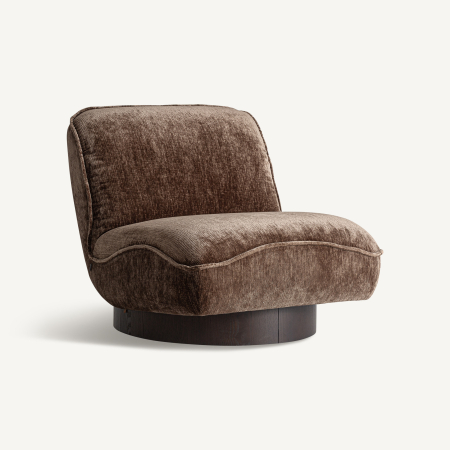 Mobilier - Fotoliu jos tapițat din stofă maro cu spătar în formă de val și bază rotundă din lemn