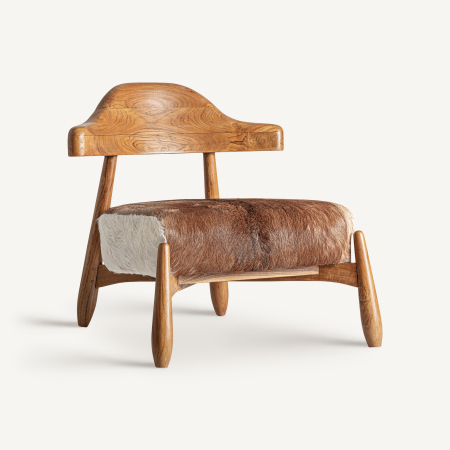 Mobilier - Fotoliu din lemn de tec cu spătar curbat și șezut din piele de vită naturală vizibilă