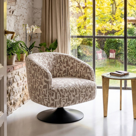 Fotolii in Stil Scandinav - Fotoliu tapitat crem bej cu imprimeu decorativ și bază metalică interior