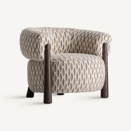 Mobilier - Fotoliu ca un butoi, în jacquard cu frunze bej și gri, cu doi stâlpi din lemn wenge