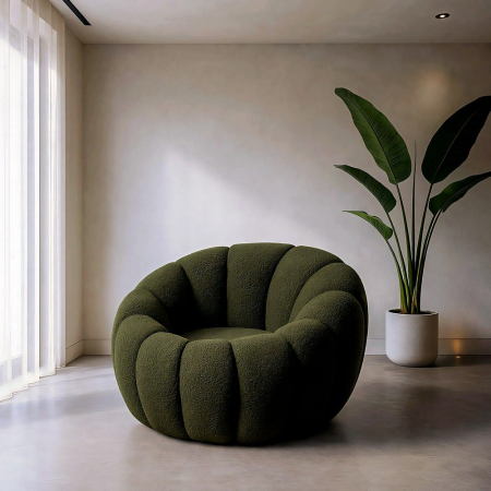 Colectia noua - Fotoliu verde din stofă moale cu design rotunjit
