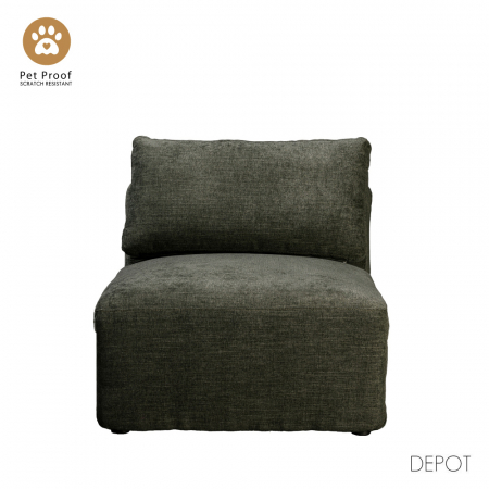 Fotoliu Box verde oliv – vedere frontală cu perne decorative și ambient natural