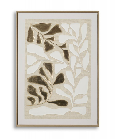 Tablouri - Tablou decorativ frunze abstracte alb și auriu 50x70 cm – detalii 3D pe pânză texturată