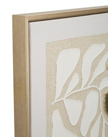 Tablou decorativ abstract alb-auriu cu frunze în relief 50x70 cm – compoziție cu texturi metalizate și ramă subțire [2]