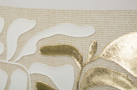 Tablou decorativ abstract alb-auriu cu frunze în relief 50x70 cm – compoziție cu texturi metalizate și ramă subțire [4]