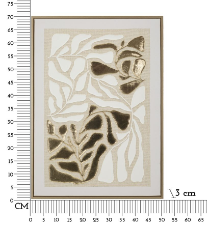 Tablou decorativ abstract alb-auriu cu frunze în relief 50x70 cm – compoziție cu texturi metalizate și ramă subțire [5]