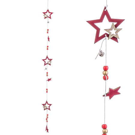 Obiecte decorative - Ghirlandă verticală cu stele roșii din lemn cu stele aurii și albe mărgele roșii și aurii