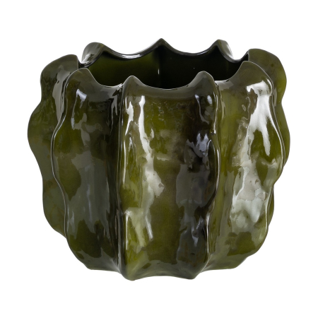 Ghivece, Vase Exterior - Ghiveci decorativ din ceramică verde cu formă scoicată sculptată