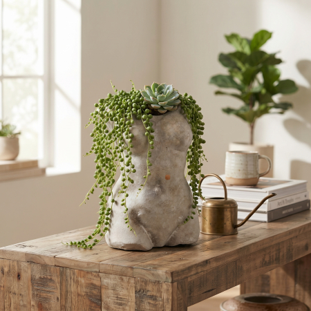 Ghivece, Vase Exterior - Ghiveci decorativ din ciment în formă de bust feminin