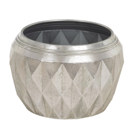 Ghiveci decorativ din metal argintiu cu textură fațetată