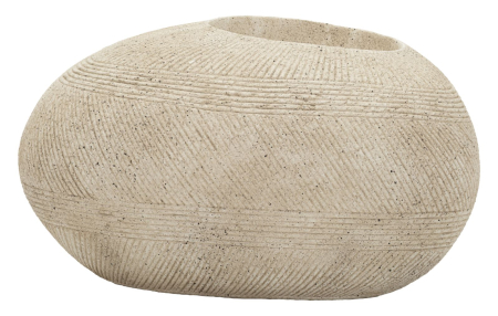 Ghivece, Vase Exterior - Ghiveci exterior gri din polirășină cu formă ovală joasă și textură fin striată Stone