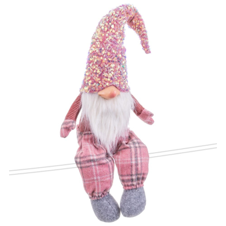 Obiecte decorative - Gnom de Crăciun textil roz așezat cu picioare atârnând căciulă cu paiete și carouri roz