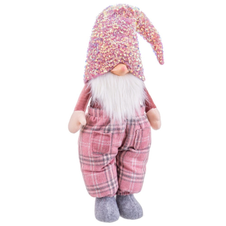 Obiecte decorative - Gnom de Crăciun textil roz în picioare cu căciulă cu paiete și pantaloni în carouri