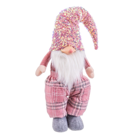 Obiecte decorative - Gnom de Crăciun textil roz mediu cu căciulă cu paiete și pantaloni în carouri roz-gri