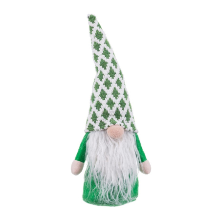 Colectia noua - Gnom de Crăciun textil verde cu căciulă cu romburi verzi și albe barbă albă lungă și nas roz