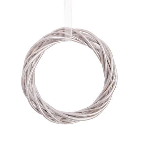 Obiecte decorative - Inel argintiu din răchită cu panglică albă pentru agățat în brad sau în fața ferestrei la Crăciun