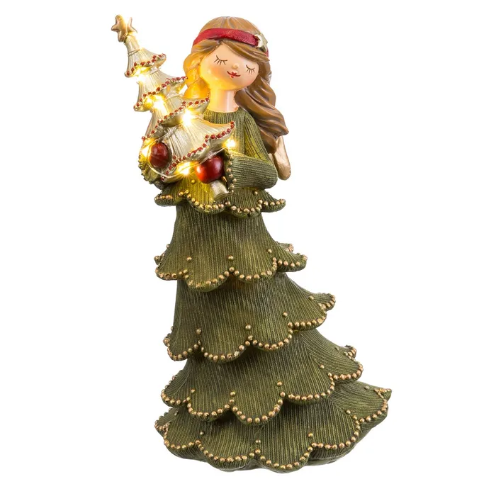 Înger decorativ cu brad luminos rășină verde Crăciun|Decoruri festive elegante [1]