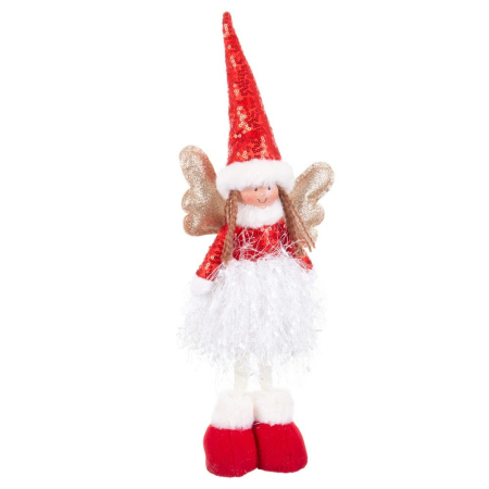 Obiecte decorative in Stil Festiv - Înger roșu în picioare din textil cu căciulă cu paiete roșii aripi aurii și fustă albă din fire