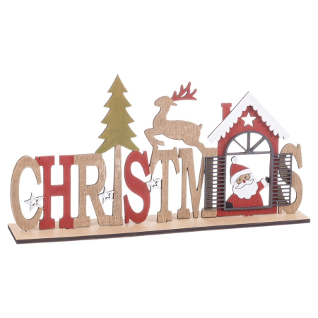 Craciun - Inscripție decorativă CHRISTMAS din lemn cu litere roșii brad verde ren în salt și căsuță cu Moș