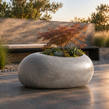 Jardinieră ovală din terrazzo gri lucios, cu formă de piatră de râu și gură oblică