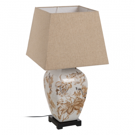 Corpuri de iluminat - Lampa masa alb-maro cu abajur textil natur|Lampi ceramice pentru decoruri relaxate si calde
