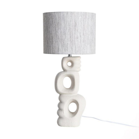 Veioze, Lampi de Birou - Lampă de masă ceramică albă aspect piatră cu decupaje și abajur gri