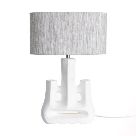 Veioze, Lampi de Birou - Lampă de masă ceramică albă abstractă cu decupaje și abajur gri