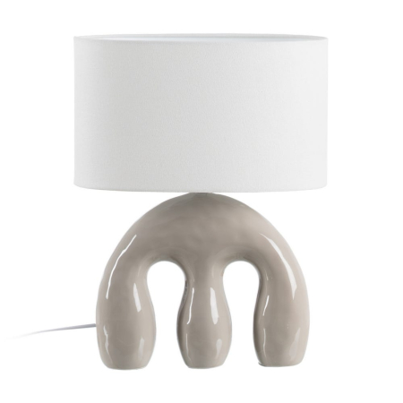Lampa de masă din ceramică bej – bază sculpturală arcuită, abajur din in [1]
