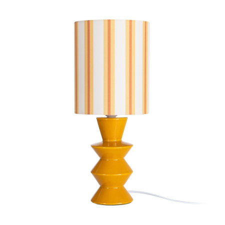 Lampă de masă din ceramică galben muștar cu abajur textil cu dungi