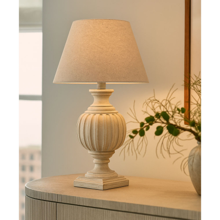 Lampă de masă lemn alb antichizat textil bej [1]