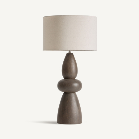 Stil de design - Lampă de masă din lemn de mango cu picior sculptural rotunjit și abajur cilindric bej