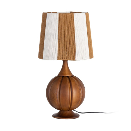 Lampă de masă din lemn maro cu bază sculptată și abajur din fibră de hârtie